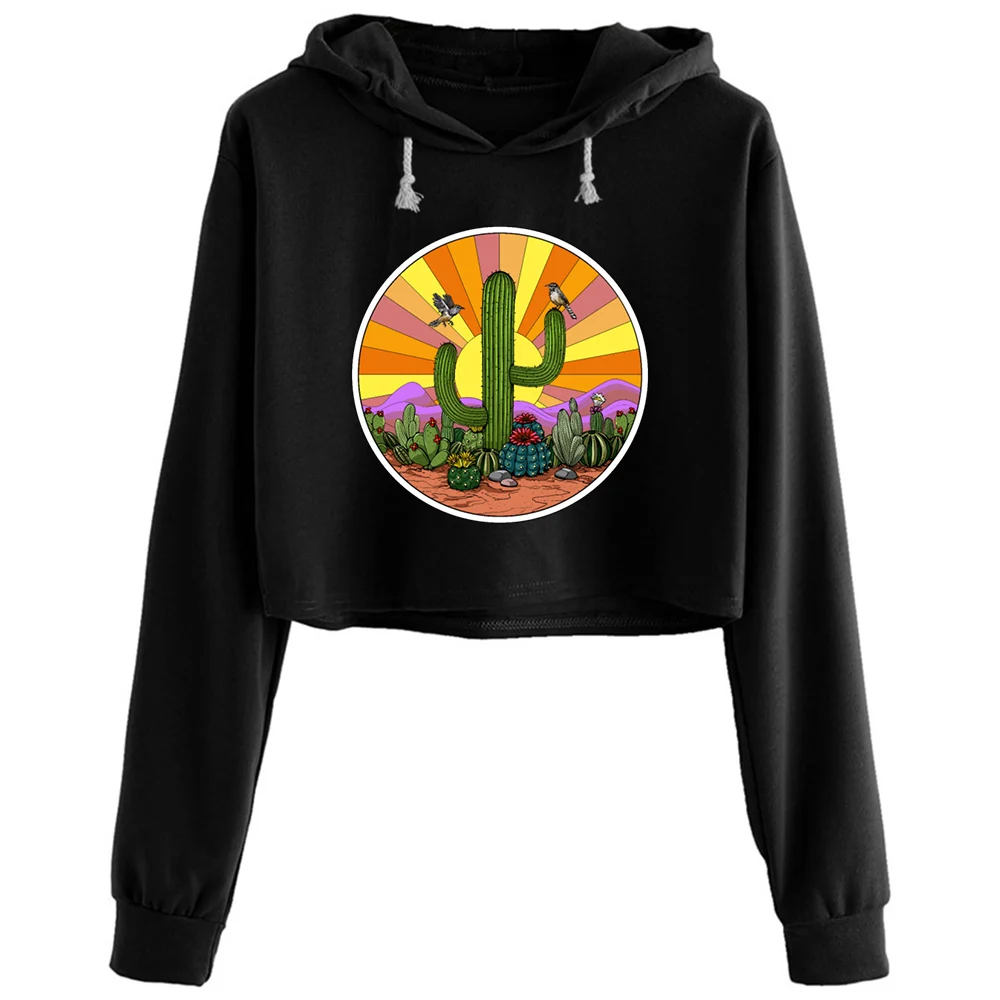 

Cactus Desert Crop Hoodies Women Aesthetic Kpop Korean Y2k Pullover For Girls