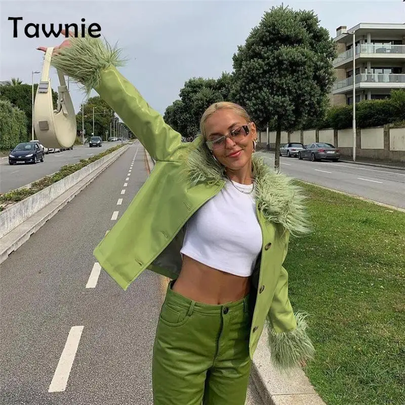 

Женская винтажная байкерская куртка Tawnie, однотонная байкерская куртка из искусственной кожи на пуговицах с меховым воротником, Повседневн...