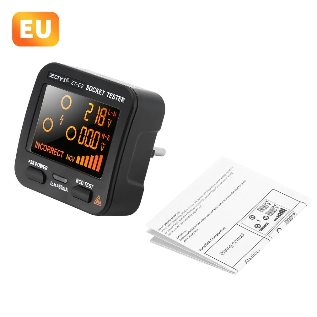 

Digital Socket Tester ZOYI ZT-E8 Smart LCD Outlet checker NCV Test Voltage Detector EU US UK Plug Ground Zero Line RCD Check