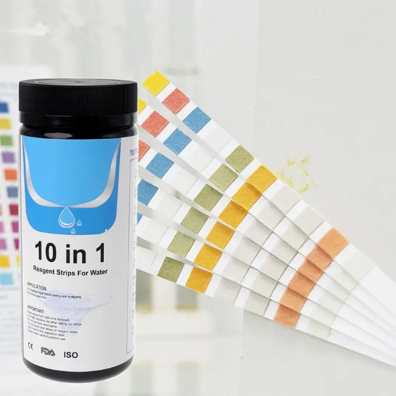 

100Strips Water Test Strips Reagent Strip 10 in 1 Water Analysis Total Alkalinity PH Hardness Nitrate Fluoride Test Paper