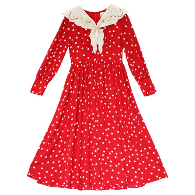 

LYNETTE'S CHINOISERIE Spring Autum New Original Design Women Vintage Mori Girls Polka Dots Lace Patchwork Embroidery Red Dresses