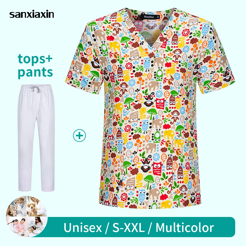 

Short Sleeved Cartoon Printed Nursing Uniforms Design Nurse Medical Health Service Scrubs Tops Operating Room Uniforms Wholesale