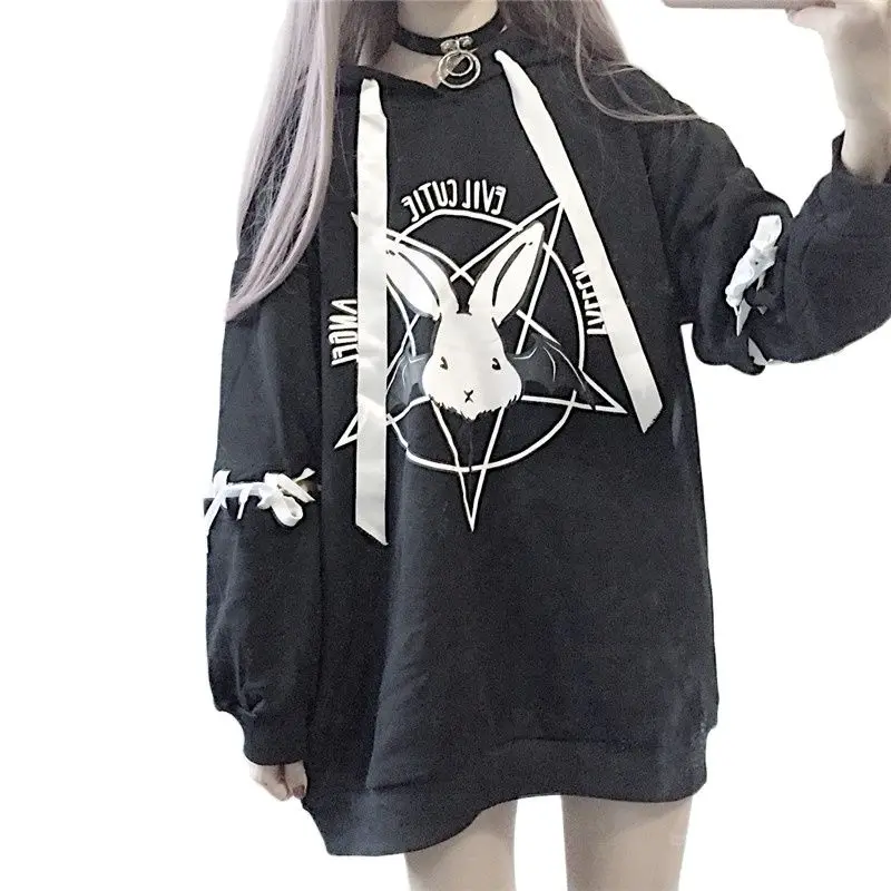 

FAKUNTNHarajuku Hoodies Autumn Women 2021 New Print Lace Up Gothic Punk Oversize Tops Long Sleeve Hooded Sweatshirt Pullover