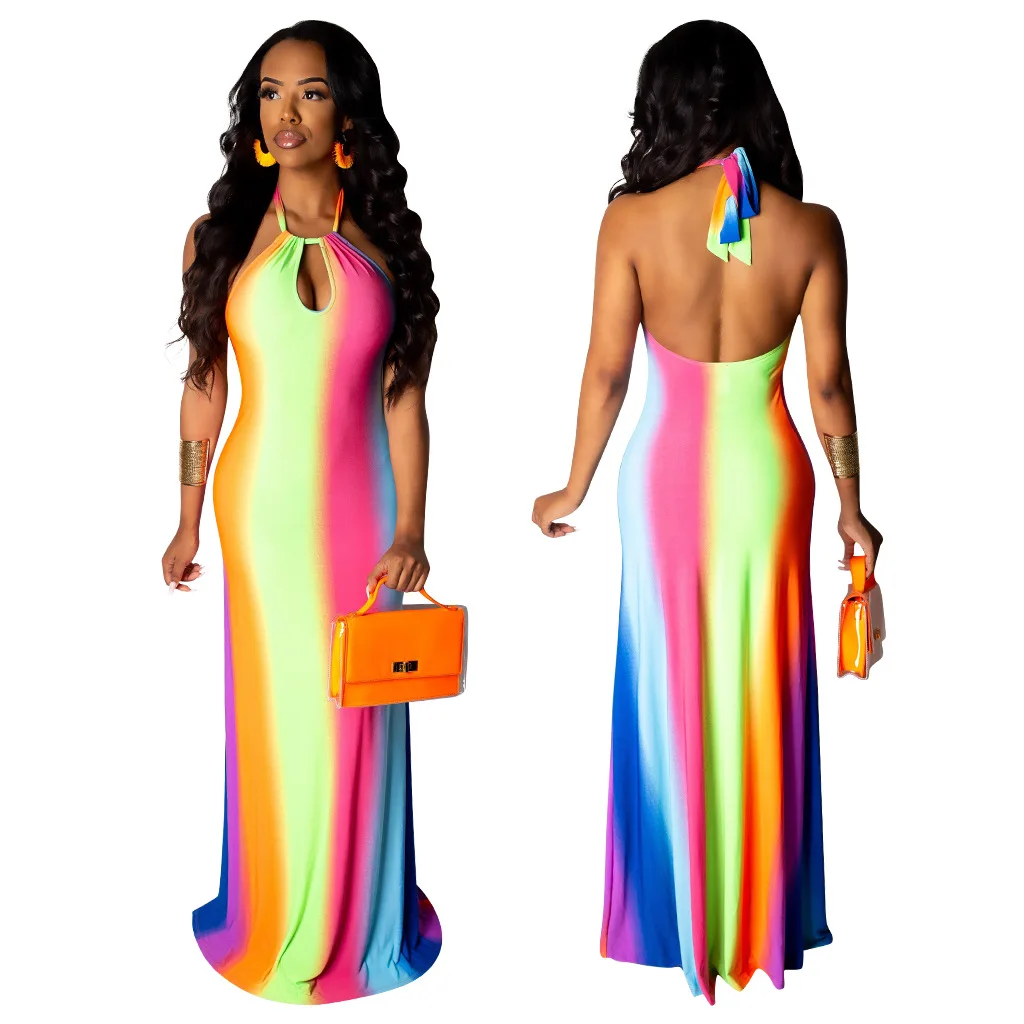 

Женский пляжный сарафан с лямкой на шее, Радужное повседневное длинное платье макси без рукавов с круглым вырезом, элегантное платье на бретелях, лето 2020