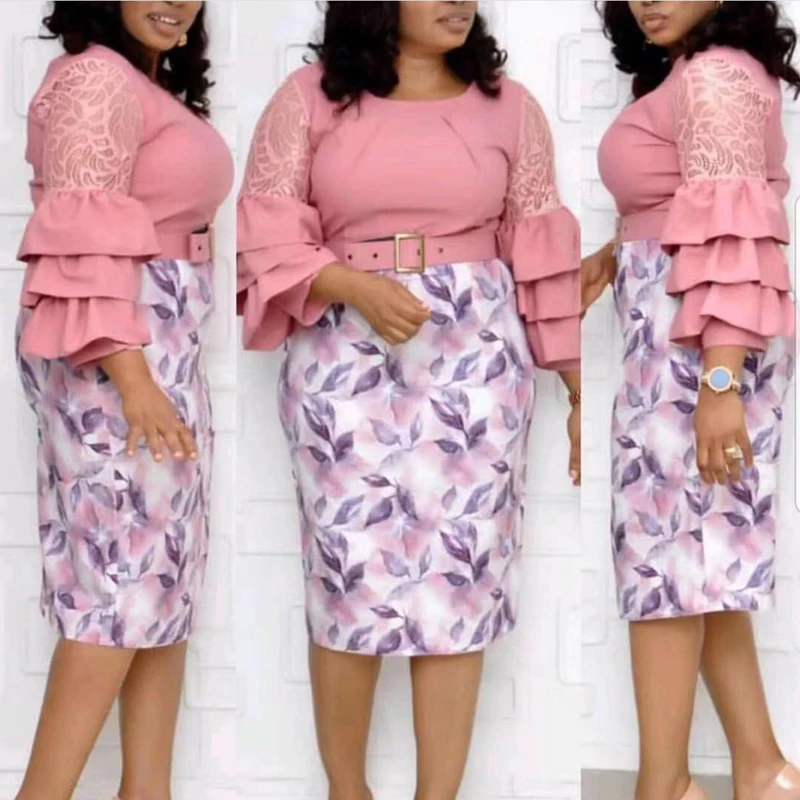 Платье с принтом размера плюс кружевные рукава оборками пэчворк поясом на талии