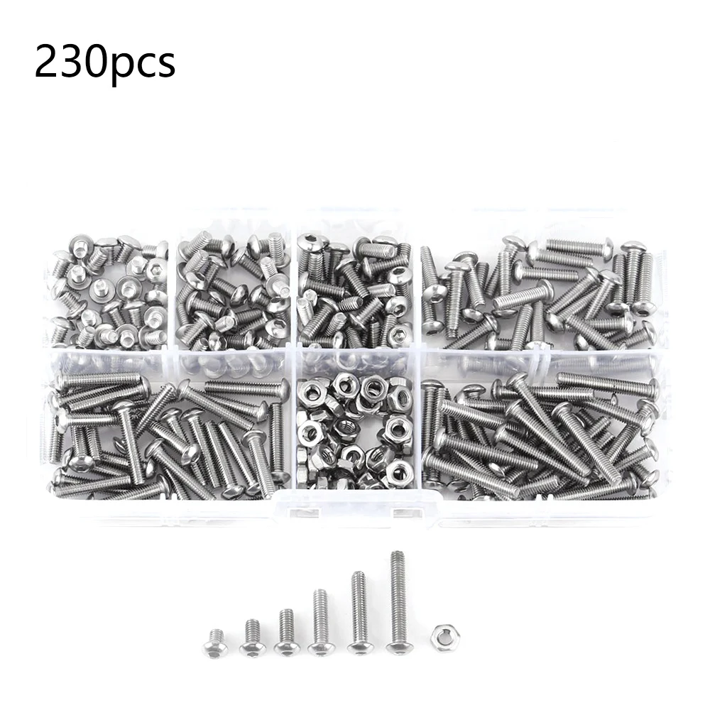 

230pcs M3 Hex Socket Screws Nut Set 304 Stainless Steel Allen Hex Drive Button Head Socket Cap Bolts Fastener Assortment Kit