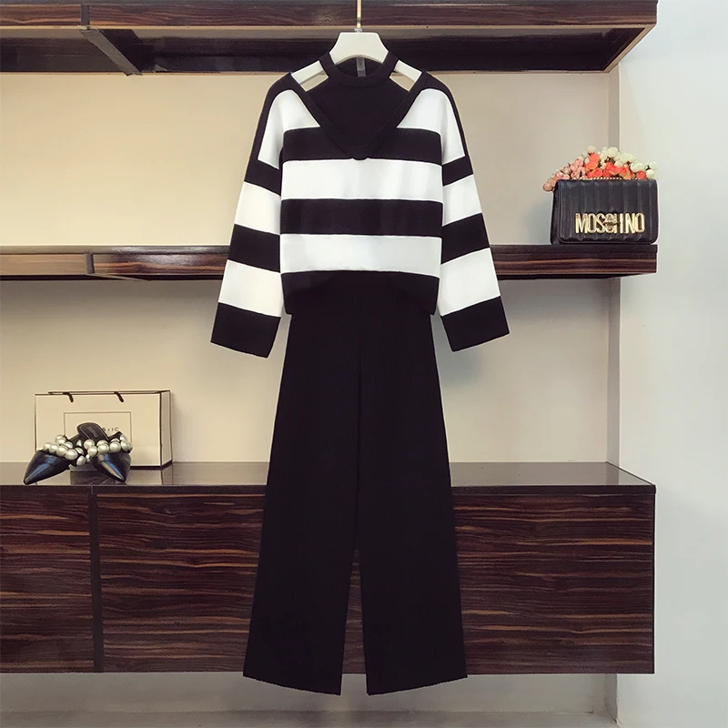 

2021 Autumn Runway 2 Pieces Set Knitted Long Sleeve Pullovers Sweater Casual Patchwork Knit Jumper Tops and Pants Suits clothing