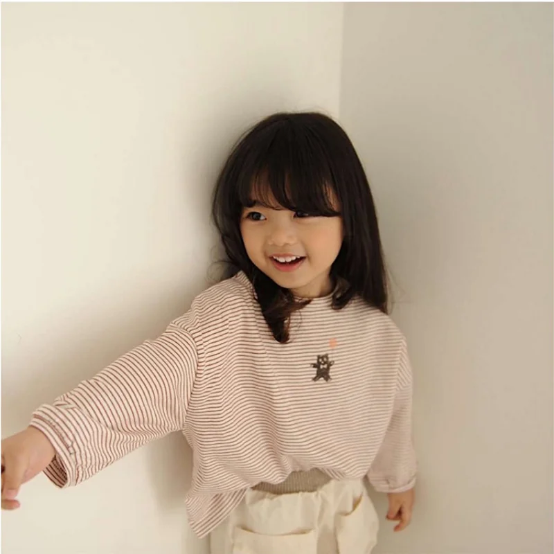 

2021 Autumn/winter Children's Clothing New Bear Print O-neck Long-sleeved Striped T-shirt Boys and Girls Cotton Bottoming Shirt