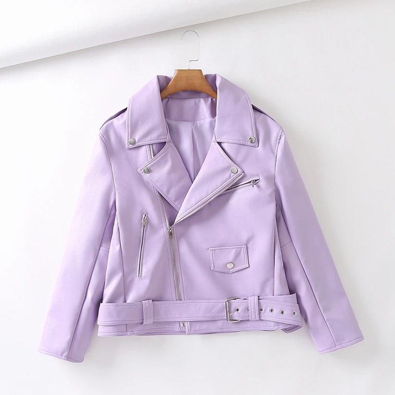 

Bornsra 2021 Women Purple Faux Leather Oversized Jacket Coat with Belt Ladies Long Sleeve Loose Coat Pu Outerwear & Coats