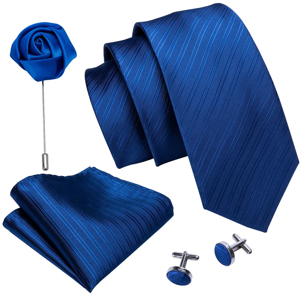 Синий сплошной полосатый Свадебный Мужской галстук шелковый Брошь платок Набор
