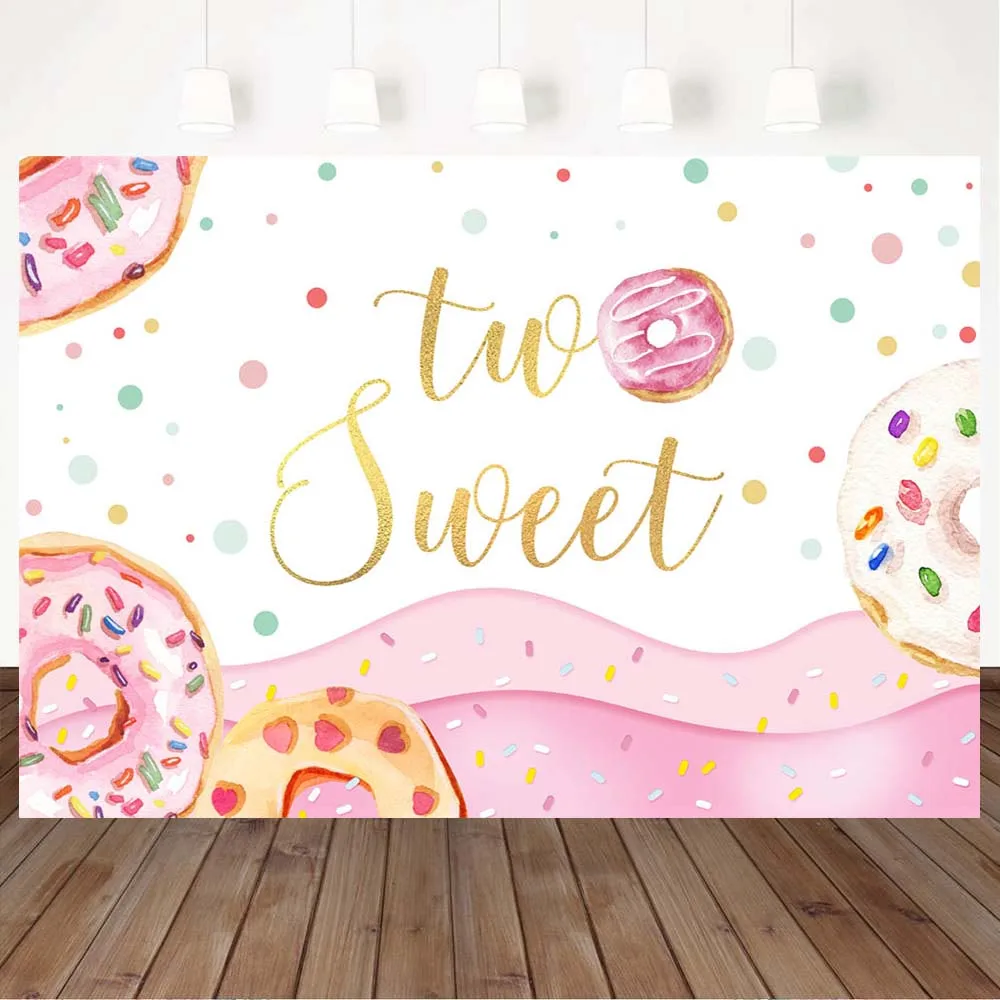 

Two Sweet Baby 2nd Birthday Photography Backdrop Donut Happy Birthday Party Photo Background Decor Banner Studio Photocall Props