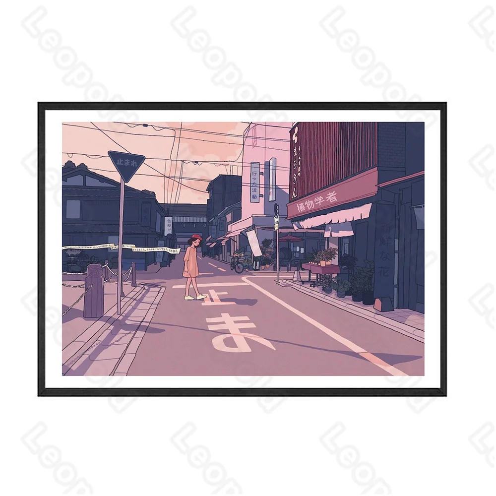 

Cartoon Style Murals Street and Flower Shop Frameles Poster Home Residential Bedroom Decoration Living Room Canvas Painting