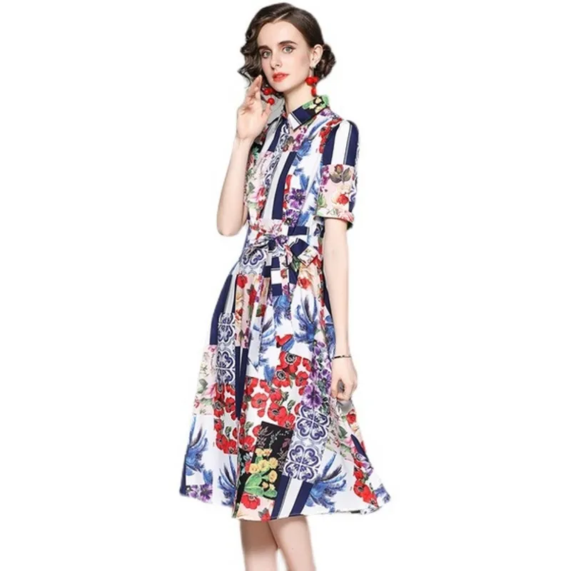 

2021 spring and autumn fashion printed dress women's short-sleeved bowknot floral flower print casual long dress