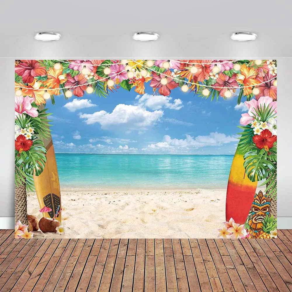 Spring Hawaii Beach Photography Background Tropical Flowers Aloha Background Ocean Palm Leaf Family Party Studio Photo Props