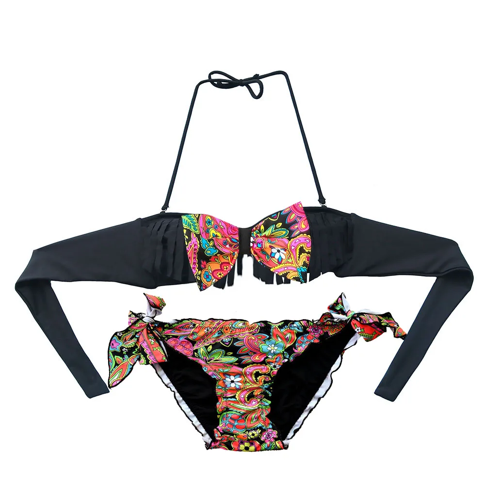 Bow Tassel TOP Bikini for Women Sexy Girl Swimsuit Biquini Black Printing Bottom Brazilian