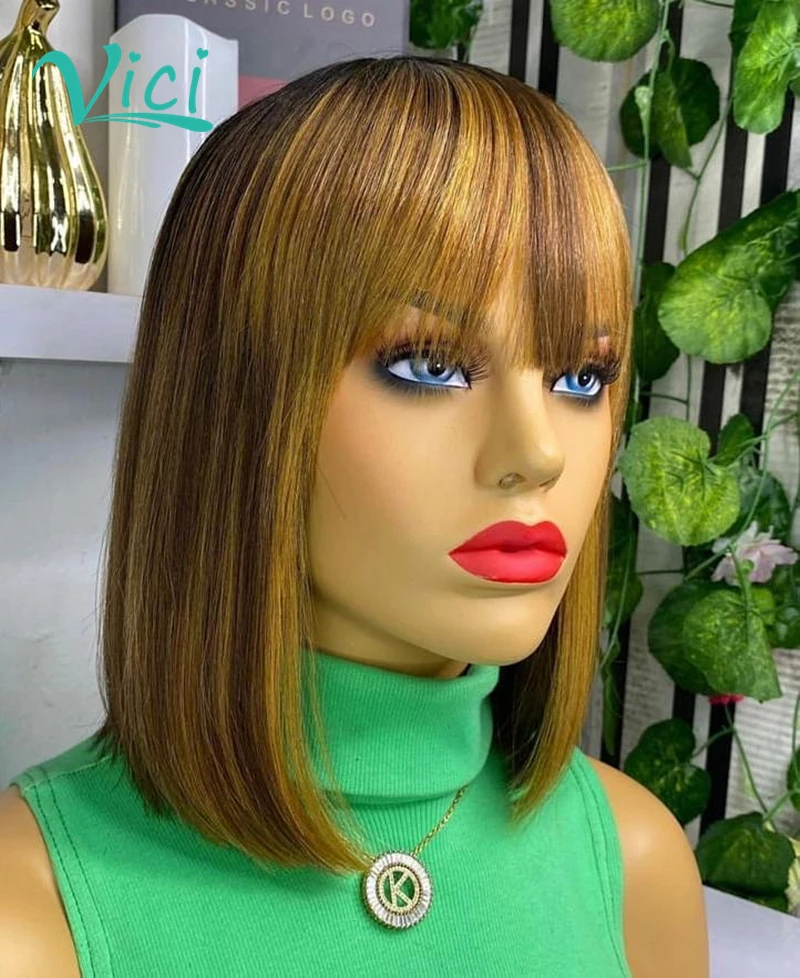 Short Human Hair Wigs With Bangs Highlight Blunt Cut Bob Wig Pre Plucked Baby For Black Women Full Machine Made | Шиньоны и парики