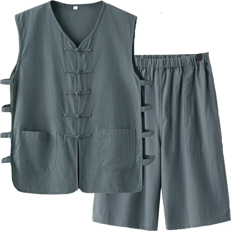 

Комплекты одежды в китайском стиле династии Тан, летние мужские однобортные хлопчатобумажные шорты, свободные костюмы для кунг-фу, Тай-Чи