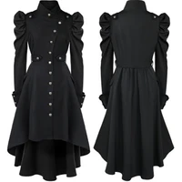 women gothic solid jackets female elegant single breasted long coat ladies plus size button military style long dress
