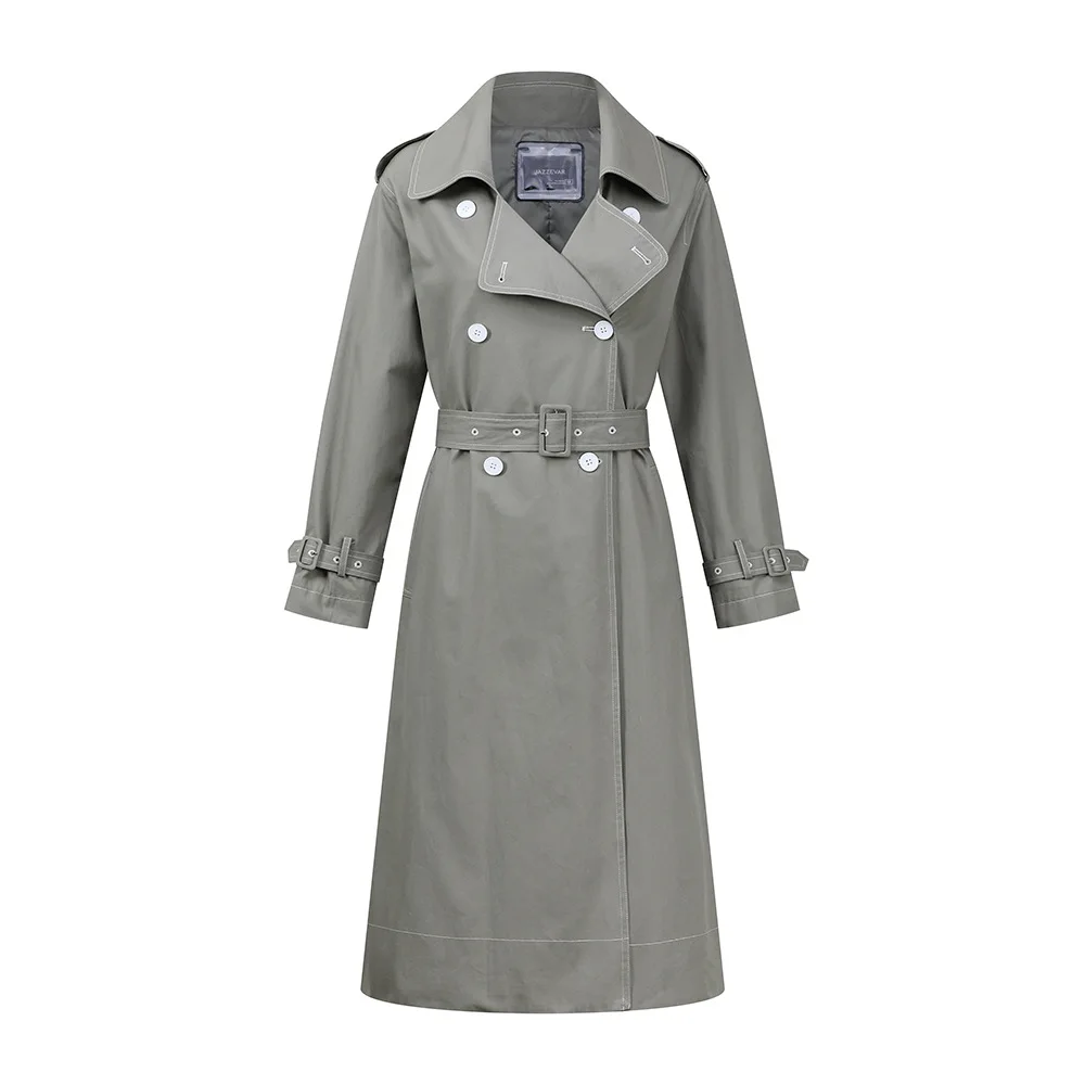

Autumn Women Cotton Double-Breasted Trench Red Long Coat Classical Lapel Loose Windbreaker Wind Wrinkle Resistance Outwear