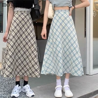 plaid skirt womens spring and summer high waist a line mid length retro slimming large swing umbrella skirt 2021 new kawaii
