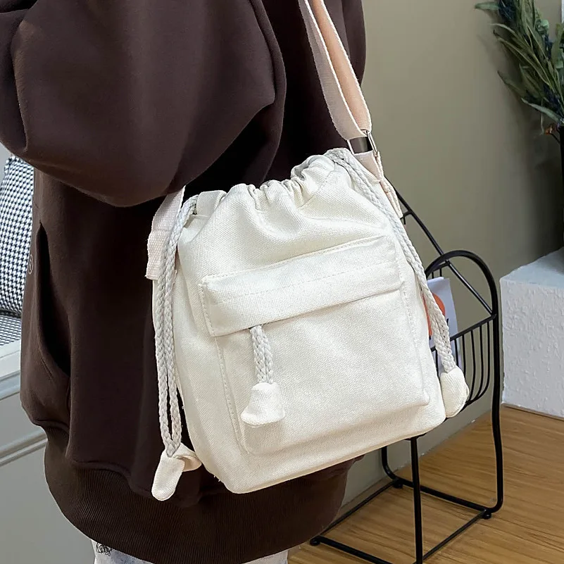 

Drawstring Women Bucket Bags Casual Canvas Broad Strap Female Shoulder Bag Lady Tassel Crossbody Messenger Bag Handbag