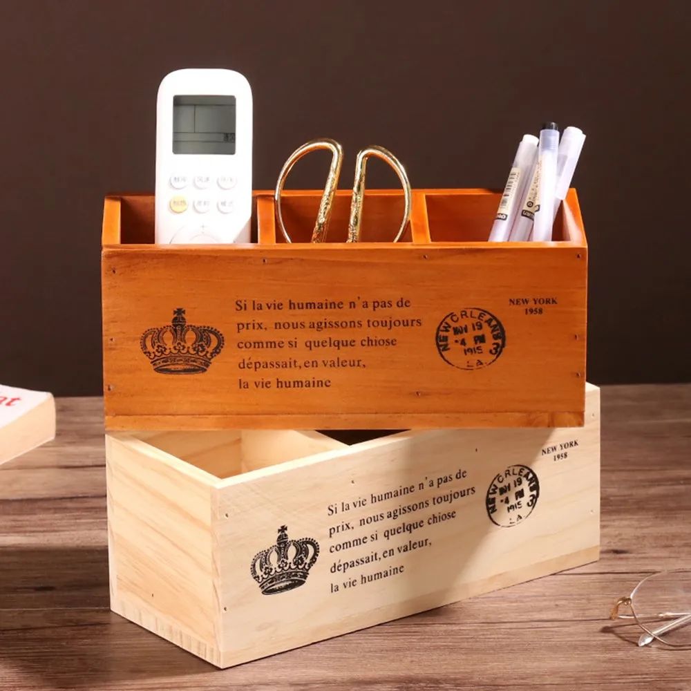 

Wooden Stationery Storage Box Desk Remote Controller Box Square Three Grid Pen Container for Office Home