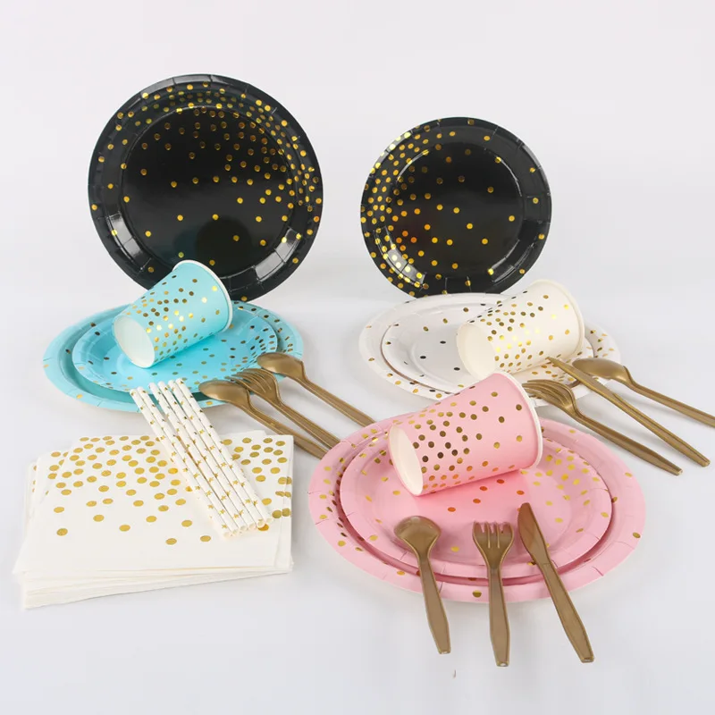 Столовая посуда на день рождения одноразовая бумага синяя розовая черная