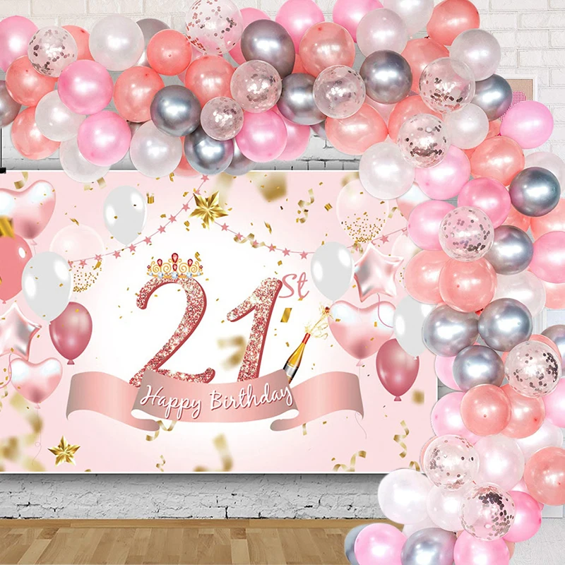 

21st 18th Birthday Decoration For Girls Rose Gold Silver Balloon Garland Kit 18 Happy Birthday Banner Backdrop Party Supplies