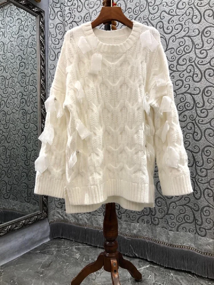 Tops Fashion Sweaters & Pullovers 2022 Spring Autumn Winter Tops Women Crystal Beading Ribbon Bow Deco Long Sleeve Knit Sweater