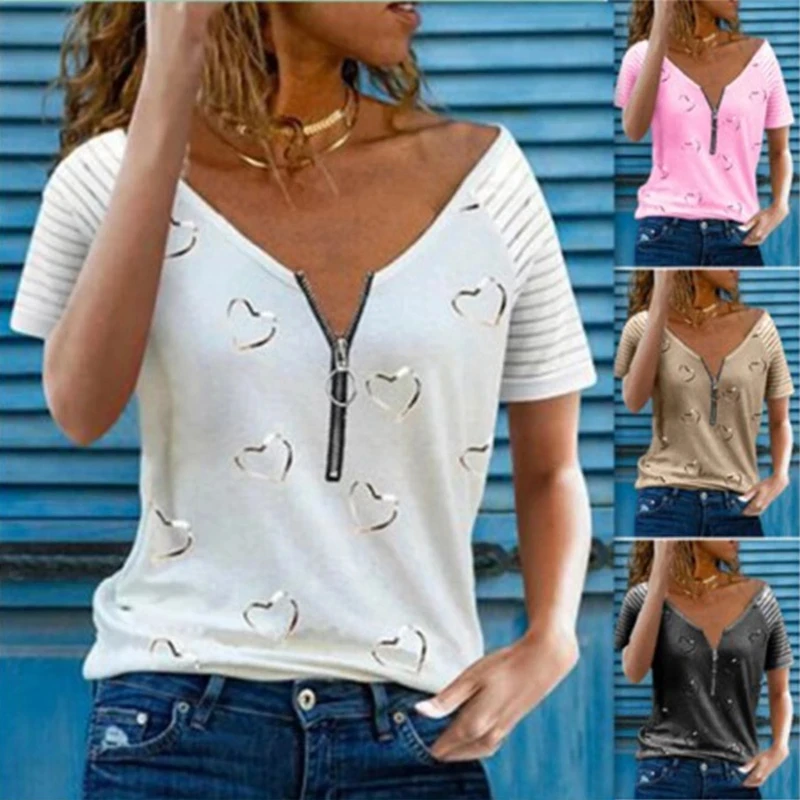 

Women Printed Tops Fashion V-neck Zipper Loose T Shirt Casual Plus Size Short Sleeve Summer Ladies Tee Shirts Blouse Clothing