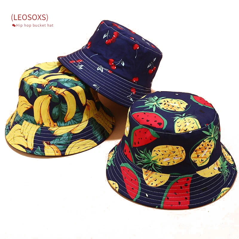 

Panama Bucket Hats Women Men Reversible Fruit Banana Watermelon Cherry Print Fisherman Hat Casual Harajuku Hip Hop Bucket Cap