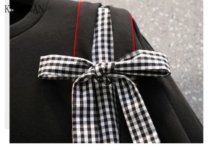 

Loose Fit black bandage bow Sweatshirt New Round Neck Long Sleeve Women Big Size Pullovers Hoodies Fashion Spring Autumn 2021
