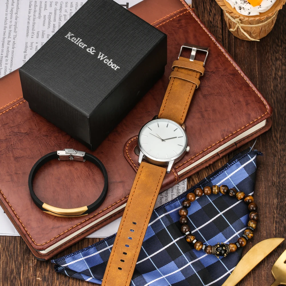 

Мужские кварцевые наручные часы с белым циферблатом и кожаным ремешком