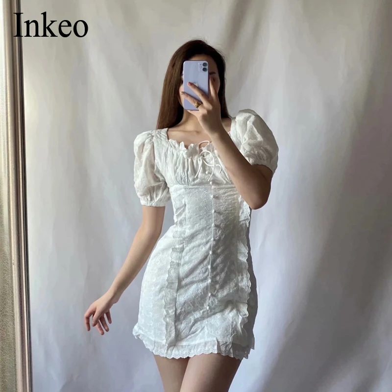 

Sexy Lace Mini dress Women Fashion Square collar bodycon Slim Soft party dresses white sweet 2021 New holiday summer INKEO 1D018