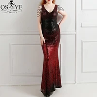 fading black red evening dresses mermaid v neck plus size long prom gown glitter beading straps party sequin women formal dress