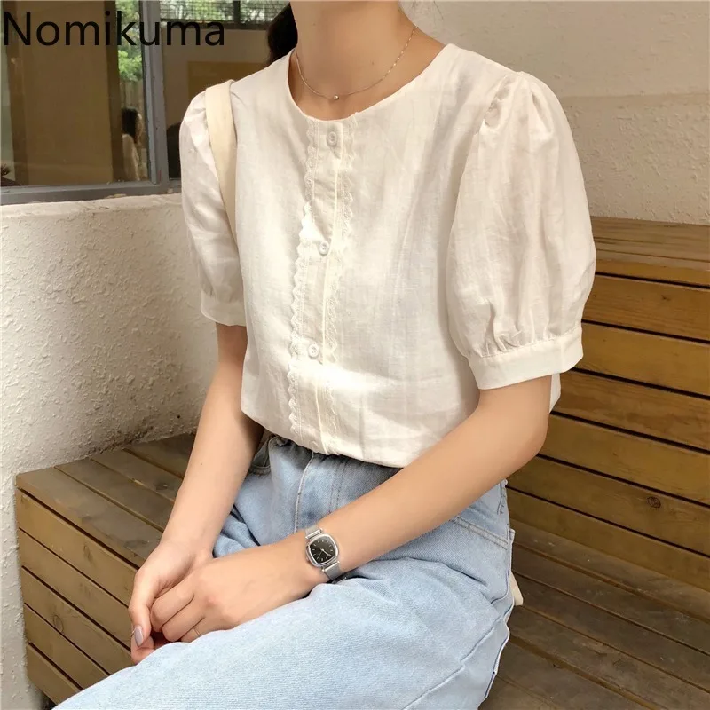 Nomikuma хлопковые льняные рубашки с буфами на рукавах для женщин Большие размеры