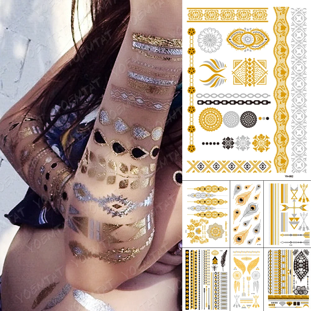 

Waterproof Temporary Tattoo Sticker Chain Bracelet Henna Gold Silver Metallic Flash Tatoo Boho Party Jewelry Glitter Body Art