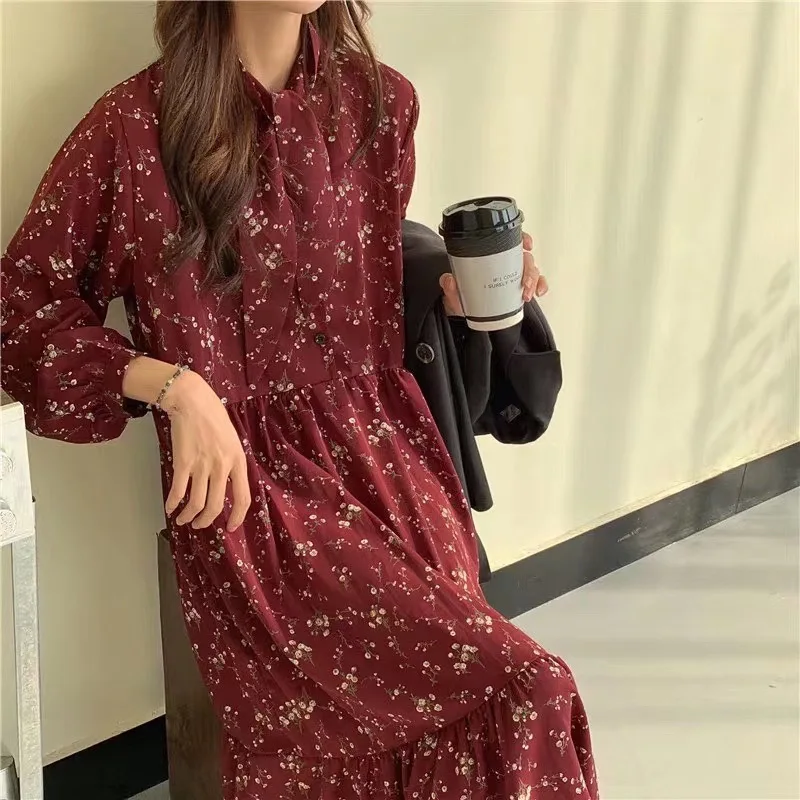 Женское шифоновое платье с длинным рукавом Повседневное коричневого и черного