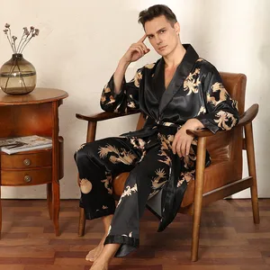 Male Satin Sleepwear Robe&Pants Dargon Pajamas Set Print Men Nightwear Kimono Bathrobe Gown Faux Sil