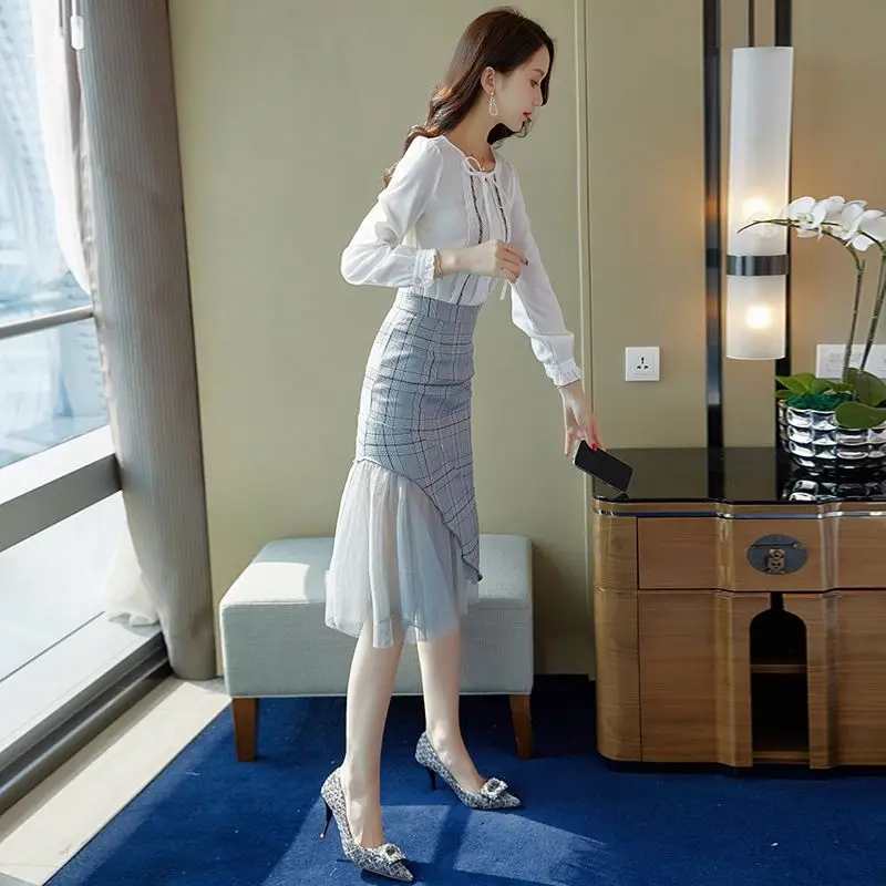 

Women 2021 Spring Autumn 2 Piece Set New Female Chiffon Shirt Tops + High Waist Mermaid Skirt Sets Ladies Slim Elegant Suit A621