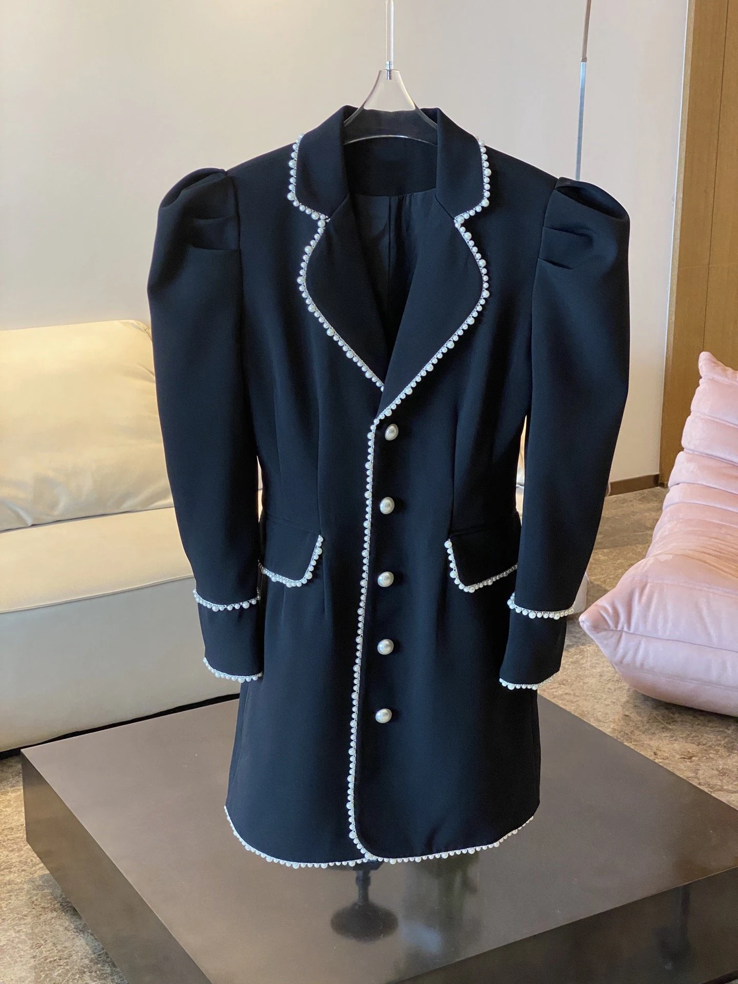 

2023 new fashion ladies long sleeve suit collar pearl dress 1107