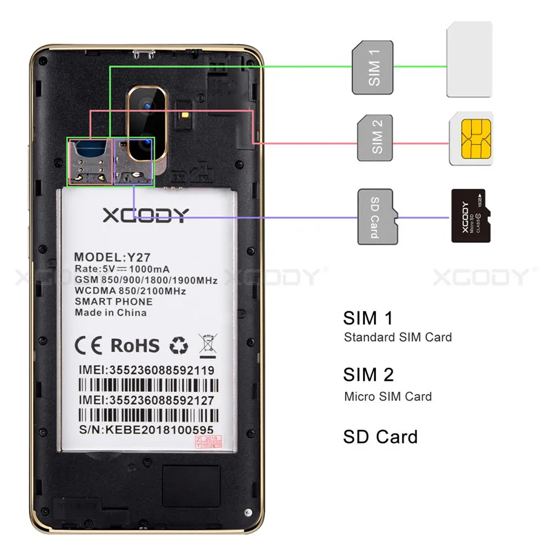 Смартфон XGODY Y27 две sim карты Android 8 1 2 Гб ОЗУ 16 ПЗУ 6 дюймов 18:9 полный экран мобильный