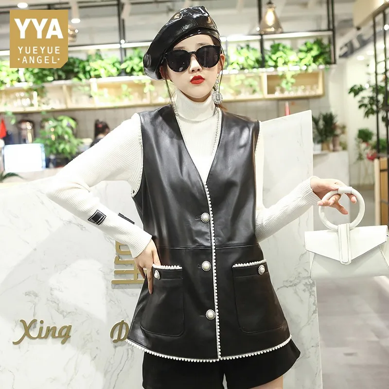 Vintage Women Autumn V Neck Single Breasted Vest Top Sleeveless Genuine Leather Jacket Pearls Ladies Waistcoat Outerwear Vests