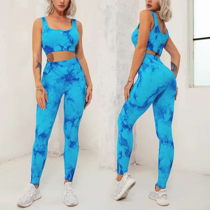 

Tie-dye U-neck Buttoned Gym Suit High Waist Seamless Sports Tight Hip Yoga Suit 2 Piece Set Fitness Clothing Activewear Women