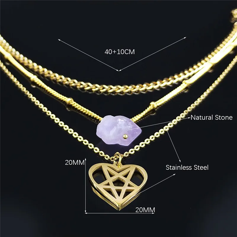 

3 Layers Purple Crystal Stainless Steel Gold Color Heart Satan Pentagram Necklace Women Jewelry colgantes mujer moda N3513S03