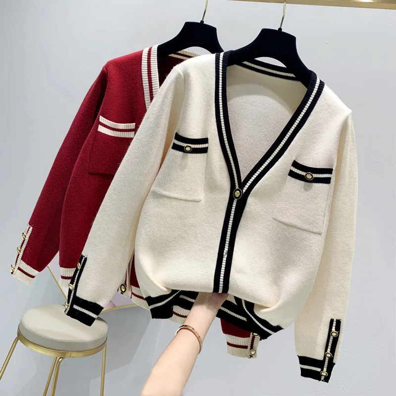 

2020 Women Winter Autumn V neck Sweater and Cardigans White and Black Striped casual Jumpers Winter Clothes Women Cardigans