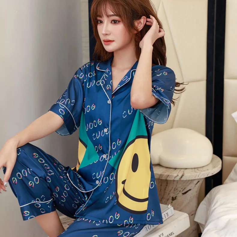 Повседневная Пижама с принтом женская одежда для отдыха атласная сна комплект из