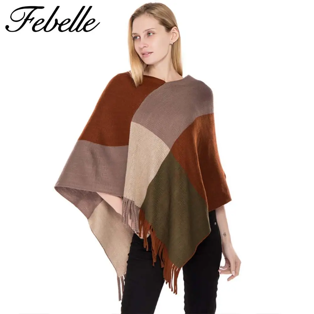 Зимний женский шарф Febelle кашемировая цветная пряжа клетчатая накидка пончо плащ