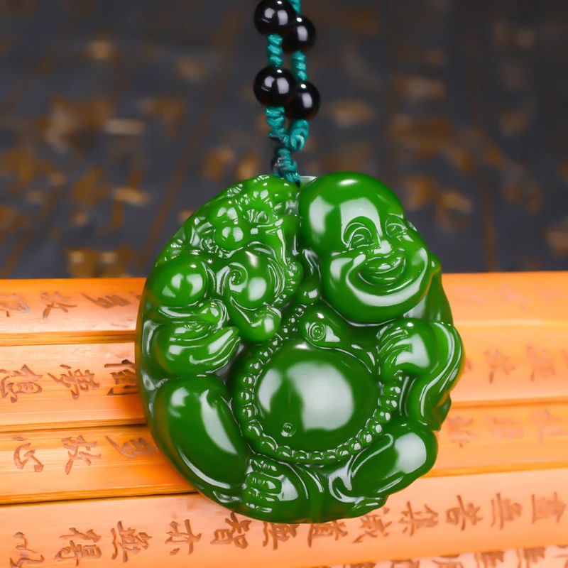 Chinese Natural Green Jade Maitreya Buddha Pendant Necklace Hand-carved Charm Jadeite Jewelry Fashion Amulet Gifts for Men Women | Украшения