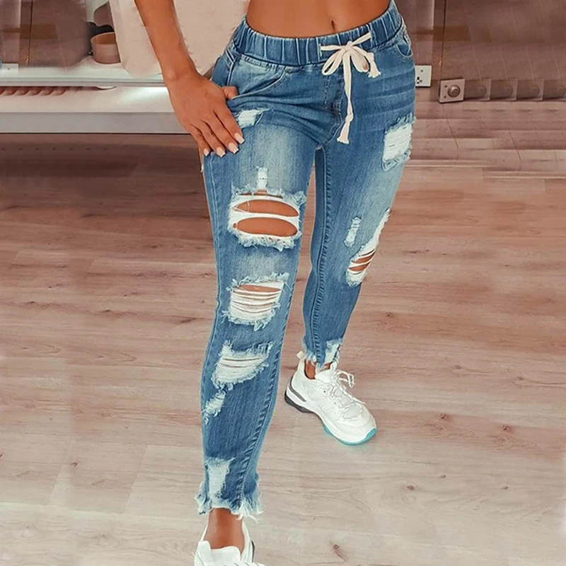 

hirigin Jeans Women Drawstring High Waist Stretch Ripped Hole Jeans Fashion Denim Full Length Pencil Pants Skinny Jean Trousers